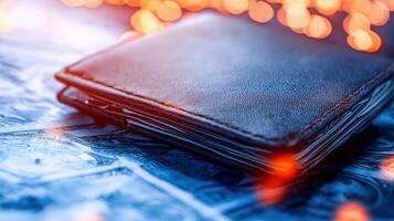 Conceptual Image of a Modern Digital Wallet on a Surface with Blurred Lights and Currency Background photo