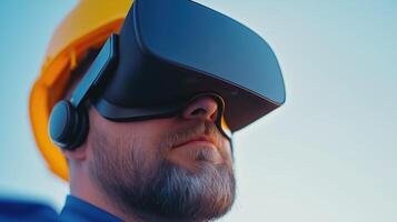 Early Morning Scene of a Global Trading Floor with a Focus on a Person Wearing a Virtual Reality Headset photo