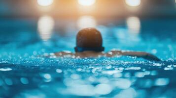 masculino nadador buceo dentro un reflexivo similar al cromo piscina con brillante luces encima agua superficie foto