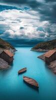 Dreamy Ancient Riverside Village with Floating Boats and Tranquil Water Under Cloudy Sky photo