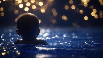 Baby Boy Floating in a Galaxy-Shaped Pool Surrounded by Sparkling Lights and Calm Water photo