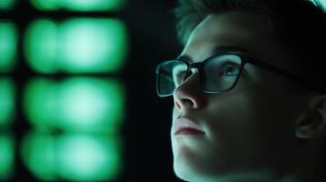 Young Entrepreneur in Fintech Setting with Stylized Lighting and Focused Expression Captured in Portrait Style photo