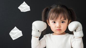 Playful Baby Girl Wearing Boxing Gloves with Neon Floating Shapes and a Serious Expression photo