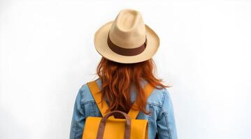 Back view of a red haired woman with a yellow backpack and hat on white background photo