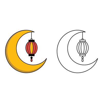 art of Crescent moon with hanging lantern isolated on white background, decorative illustration