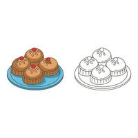 Set art of Four delicious cakes with cherries isolated on white background in color and black and white vector