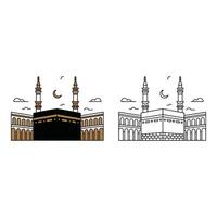 Set art of Illustration of kaaba in mecca with minarets and moon isolated on white background vector