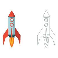 art of Cartoon rocket ship launching with flame isolated on white background, line art version vector