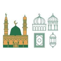 Set art of Colorful mosque and islamic design elements isolated on white background for ramadan and eid vector