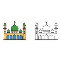 Set art of Illustration of a mosque isolated on white background with color and black and white versions vector