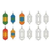 Set art of Collection of colorful and outline ramadan lanterns isolated on white background for decoration vector