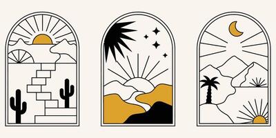 Desert dreams in arched frames simple line art clean arts vector