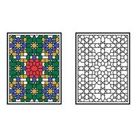 Set art of Intricate islamic geometric pattern with vibrant colors and a black and white line art version vector