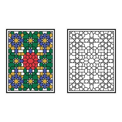 Set art of Intricate islamic geometric pattern with vibrant colors and a black and white line art version