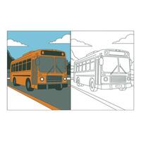 Set art of Illustration of a colorful bus on the road with a black and white version on the right vector