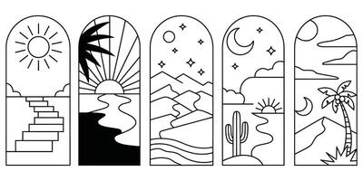 Journey through changing landscapes in minimalist line art vector