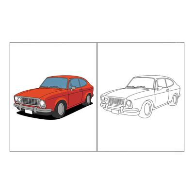 Set art of Red vintage car illustration isolated on white background in color and outline version