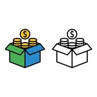 Set art of Box full of golden dollar coins isolated on white background in color and black and white vector