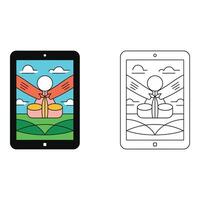 Set art of Illustration of a tablet displaying a person playing drums in a landscape scene vector