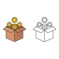 Set art of Box of gold coins isolated on white background representing savings and financial investment vector