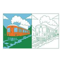 Set art of Cartoon train on railroad tracks with steam and clouds in the sky illustration vector