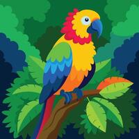 a colorful parrot sitting on a branch in the jungle vector