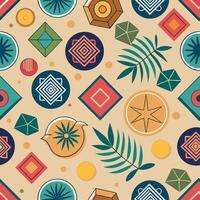 a colorful pattern with geometric shapes and leaves vector