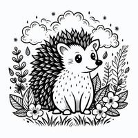 a hedgehog in the grass with flowers and clouds vector