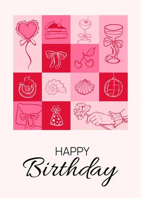 Happy Birthday greeting postcard with festive doodle icon. Cake, drink, and party sketch elements. Wedding, holiday, party decoration background. Coquette Aesthetic style. Elegant illustration.