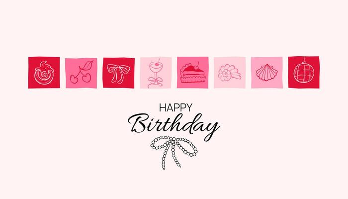 Birthday celebration banner with festive doodle icon. Cake, drinks, and party sketch elements. Wedding, holiday, party decoration background. Coquette Aesthetic style. Elegant illustration.