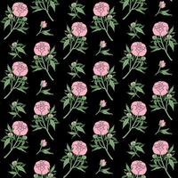 Minimalistic flowers seamless pattern. Delicate pink peony with stem and leaves, small bud on black background. Botanical spring pattern. For wallpaper, textiles, postcards. illustration. vector