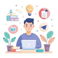 a man is sitting at a desk with a laptop and a light bulb vector