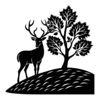 deer silhouette with tree and hill on white background vector