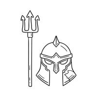A cracked helmet resting beside a trident vector