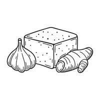 A tofu slab beside a garlic bulb and ginger root vector