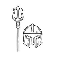 A trident placed next to a damaged warrior helmet vector
