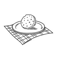 A tray on a tablecloth with one cookie rolling off vector