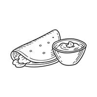 A tortilla lying beside a bowl of salsa on the table vector