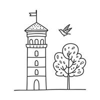 A tower near a tree with a bird resting on its branch vector