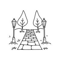 Torches lighting both sides of a cobblestone path in the forest vector