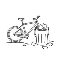 A trash bin near a parked bicycle with papers scattered around vector
