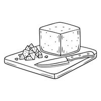 A tofu block beside a knife and tofu crumbs on cutting board vector