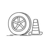 A tire resting near a traffic cone on the ground vector