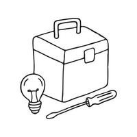 A light bulb and screwdriver placed beside a toolbox vector