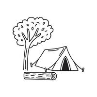A tent pitched near a log under tree branches vector