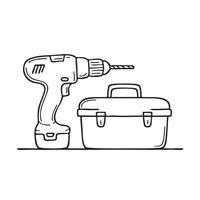 A toolbox beside a power drill on a table vector