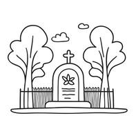 A tomb behind a fence under tall trees, engraved with a single flower vector