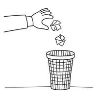From a distance, a hand throws crumpled papers into a bin vector