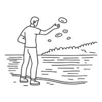 A man tossing fast a rock far into a quiet lake from the shore vector