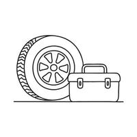 A tire leaning beside a toolbox in a garage vector
